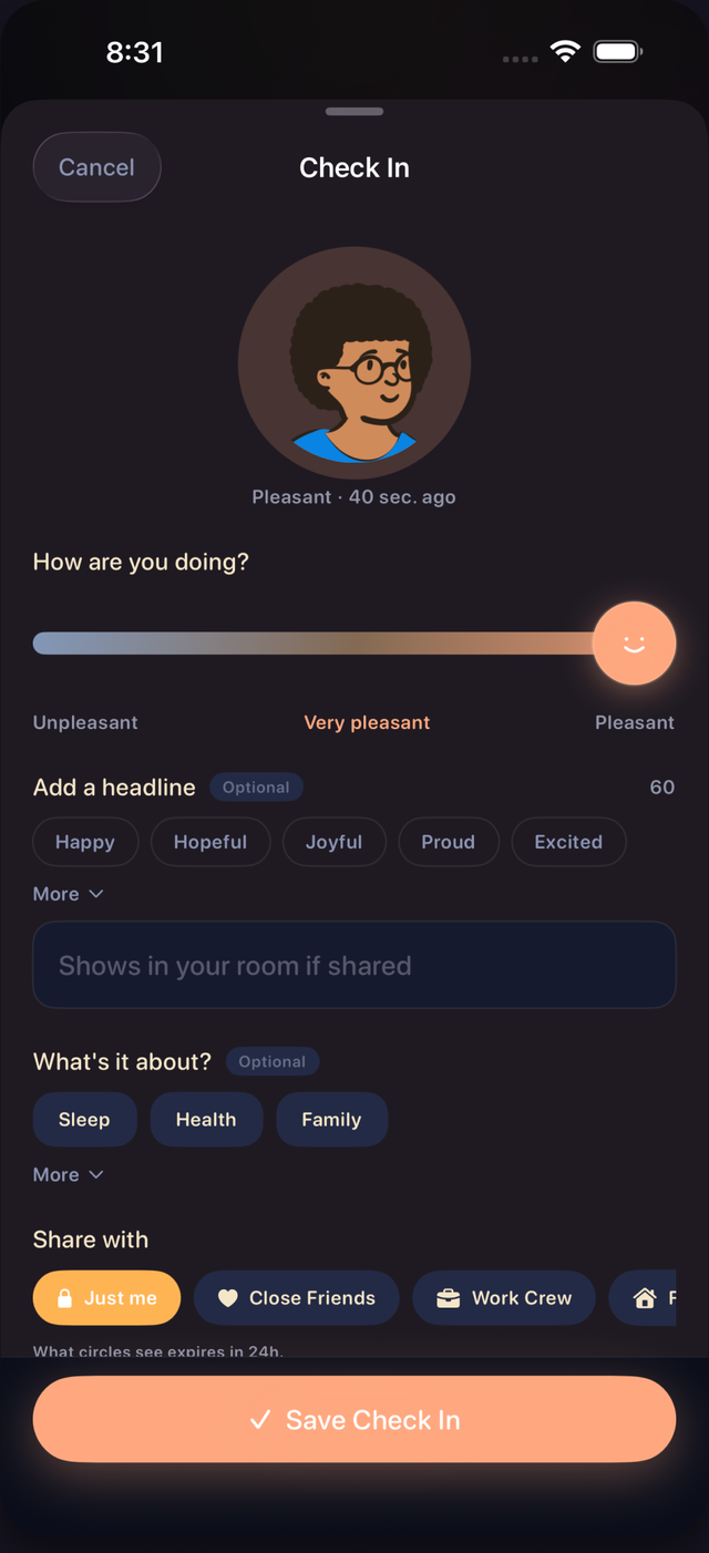 The real PingCircle Check In screen: a feeling slider, an optional headline and topic, and a per-entry choice to keep it private or share it with a circle.