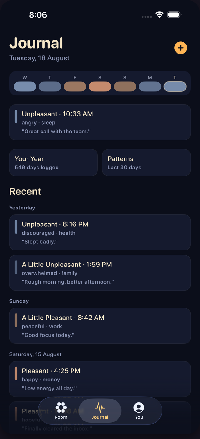 The PingCircle Journal: a private, permanent list of every Check In, searchable and rereadable.