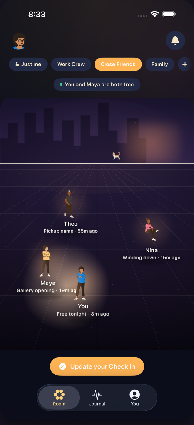 The same room with a Close Friends circle selected, showing everyone's shared Check Ins together.